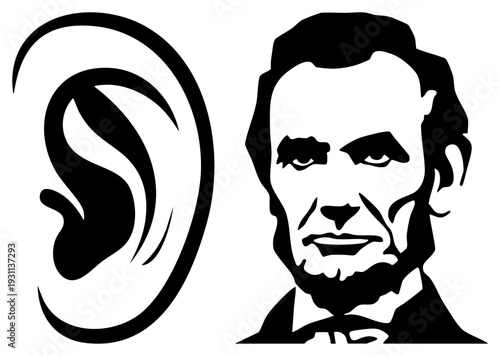 Black silhouette of Abraham ’s head beside stylized ear, symbolic listening, historical figure, political communication, vector graphic, style.