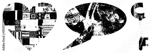 Graphic symbols composed of fragmented, heart shape, speech bubble, and key, rendered in bold black and white with halftone texture and distressed edges.