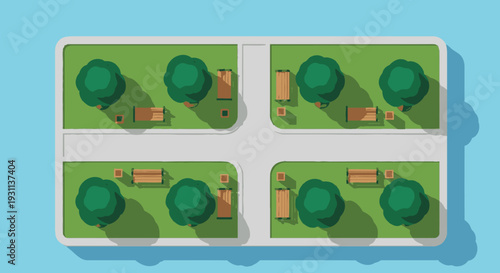 Four Green Plots with Trees and Houses.