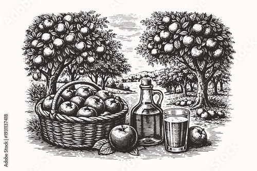 Vintage engraving line art vector illustration of apple orchard with fruit basket and juice bottle, detailed black and white farm landscape sketch