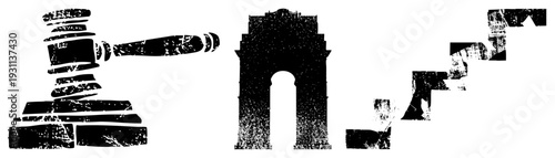 Vector silhouette of gavel, India Gate, fragmented stairs gritty halftone. Legal symbol, historic landmark, abstract architecture, urban decay street art.