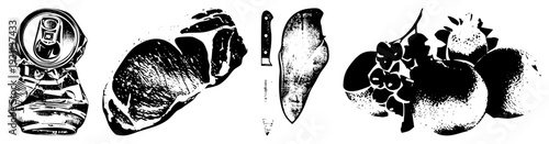 Vintage style halftone depiction of soda can, steak, knife, mango, grapes, and citrus fruits, isolated vector graphic, food art, design.