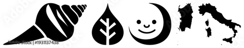Minimalist vector of, water droplet with leaf, smiling moon, and Italy map. Flat design symbols for eco, travel, nature, or cultural themes.
