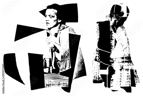 Stylized black and white human forms with geometric, graphic art, halftone texture, isolated characters, pop art influence, vector illustration, modern design.