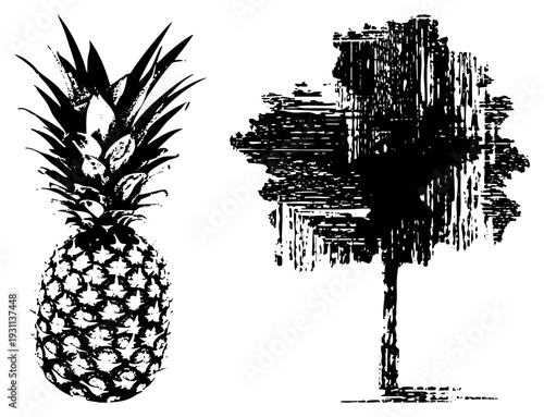Tropical fruit with spiky crown and textured skin, paired with a stylized tree using expressive hatched, both rendered in high contrast black ink vector art.