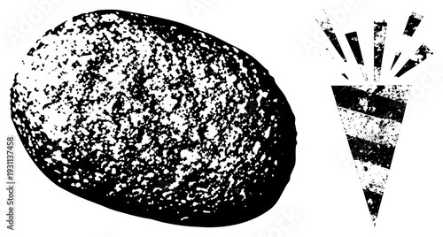 Weathered rock surface with speckled texture, celebratory popper with striped, vintage ink splatter style, graphic design element, isolated vector illustration.