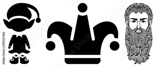 Holiday elf character, regal crown symbol, bearded king portrait stylized black silhouettes for festive or design projects.