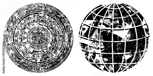Ornamental circular mandala with radial symmetry, paired with gridded globe earth symbol, vintage halftone texture, vector design.