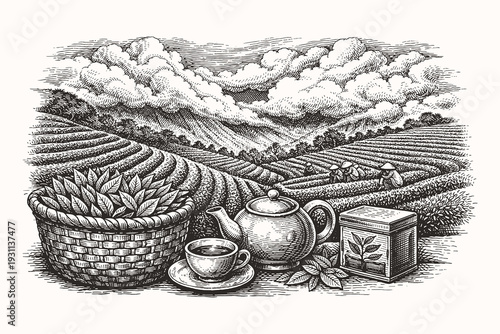 Vintage engraving line art vector illustration of tea plantation landscape with teapot and cup, detailed black and white agricultural sketch scene