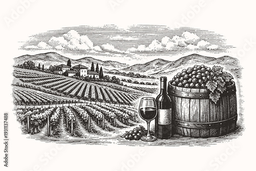 Vintage engraving line art vector illustration of vineyard landscape with wine barrel and glass, detailed black and white agricultural sketch