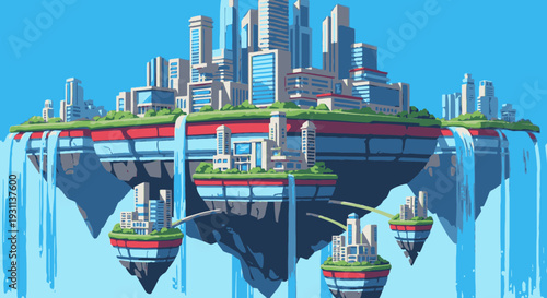 Futuristic City on Floating Islands in Air.