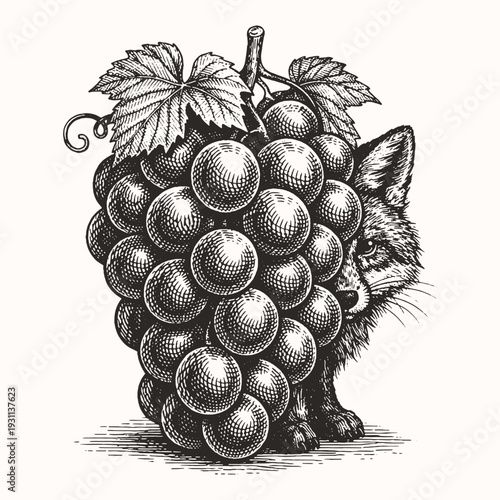 Vintage engraving line art vector illustration of a fox peeking from behind a grape bunch, detailed black and white woodland animal sketch