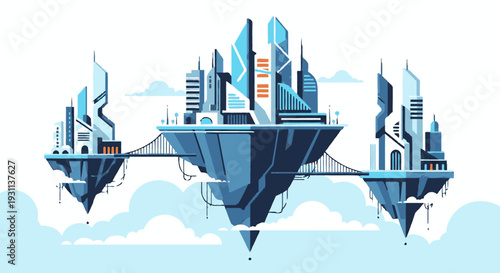 Futuristic Cityscape with Floating Islands and Skyscrapers.