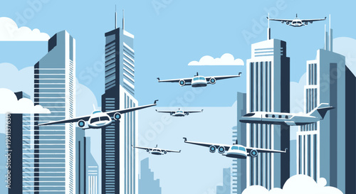 Futuristic Cityscape with Flying Vehicles.