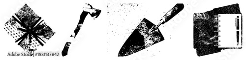 Grunge style halftone illustrations of tools and stationery, including trowel,, flag emblem, and notebook set, ideal for retro design projects.