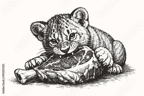 Vintage engraving line art vector illustration of a lion cub biting a steak, detailed black and white safari wildlife animal sketch