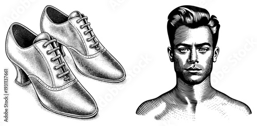 Classic tap shoes with heels and laces, paired with a stylized male bust, rendered in halftone dot, vintage illustration, fashion and dance theme.
