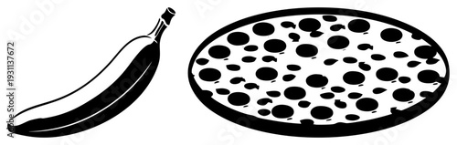 Curved banana silhouette and pepperoni pizza with circular toppings, minimalist vector art, food set, graphic design element.