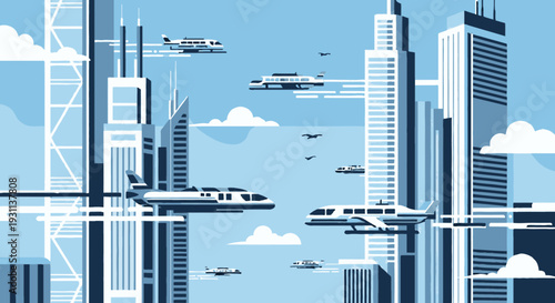 Futuristic Cityscape with Skyscrapers and Aircraft.