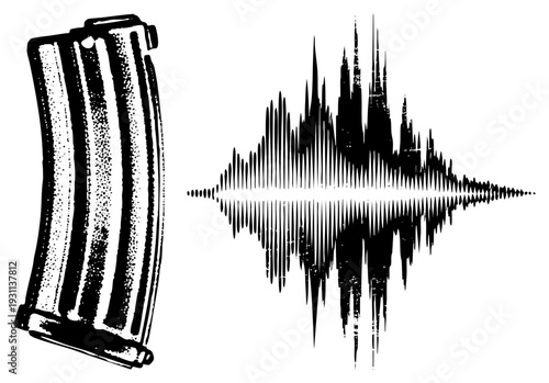 Gun magazine paired with waveform, vector illustration, black and white, halftone texture, isolated graphic, sound design, firearm accessory.