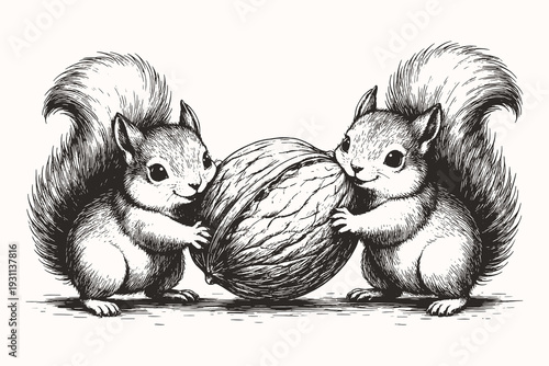 Vintage engraving line art vector illustration of two cute squirrels carrying a large walnut, detailed black and white woodland animal sketch
