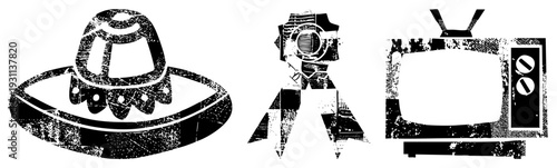 Grunge style vector of sombrero, film camera, and vintage TV, with distressed texture, nostalgic tech and culture symbols.