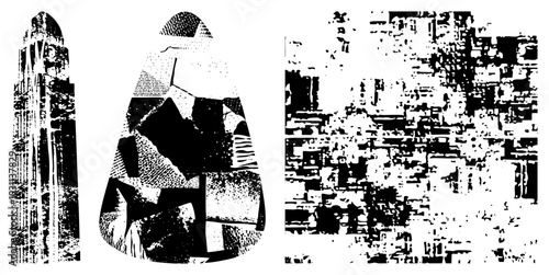Stylized urban fragments rendered in halftone, abstract shapes, vector cutout, urban geometry, black and white graphic design.