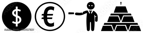 Dollar and euro currency signs, businessman pointing, gold bars stack, financial assets, wealth representation, economic, money symbols.