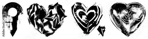 Abstract heart rendered in varied halftone and glitch art styles, vector illustrations, graphic design, digital art elements.