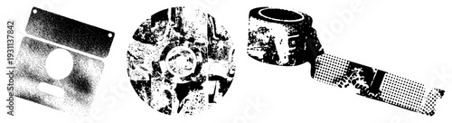 Industrial hardware components rendered in halftone, vector cutouts, mechanical fragments, isolated vector shapes, tech gear, retro tech, stylized machinery.