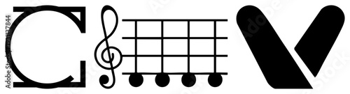 Abstract musical notation and letterforms rendered in clean black, stylized typography, graphic design elements, vector art, music theory.