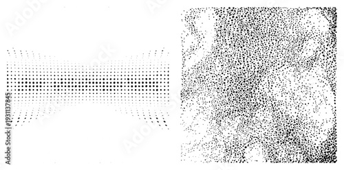 Vector graphic showcasing halftone dot gradients, abstract dot textures, print simulation, graphic design element,, typographic texture, visual rhythm.