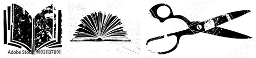 Open book with textured pages, fan folded book, vintage scissors, graphic symbols, design, distressed print, tools.