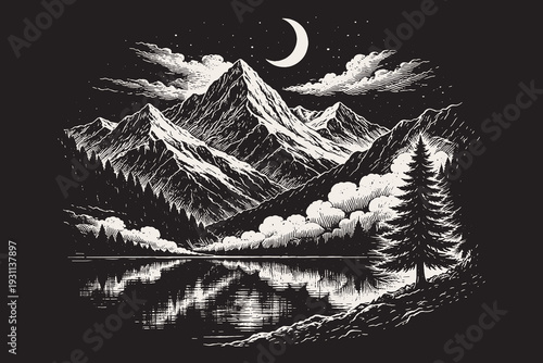 Majestic mountain peaks towering over a calm lake at night, a detailed black and white vector illustration in a classic engraved art style.