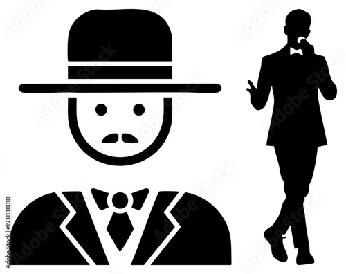Classic male figure with mustache and bowler hat, formal suit silhouette, vintage gentleman, stylized character, flat vector graphic.