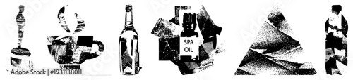 Vector halftone design featuring spa oil bottle, fragmented geometric shapes, abstract forms, black and white graphic, stylized composition.