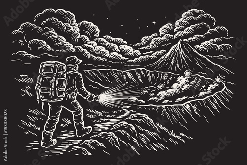 Traveler with a backpack hiking near a volcanic crater, a detailed black and white vector illustration in a dramatic engraved art style.