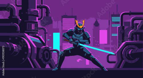 Futuristic Warrior with Neon Lightsaber Standing.