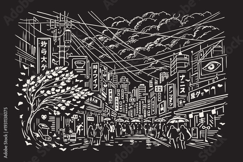 Bustling rainy city street at night with neon lights and buildings, a detailed black and white vector illustration in an engraved art style.
