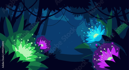 Glowing Fireflies in Dark Forest Scene.