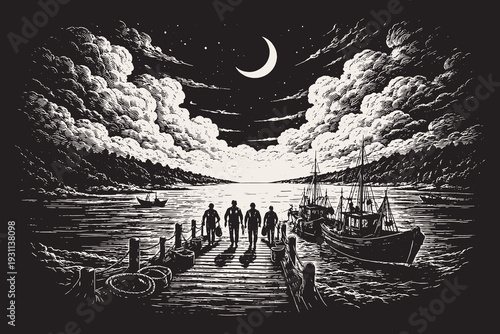 Silhouettes of people on a wooden pier with fishing boats, a peaceful black and white vector illustration in a classic engraved art style.