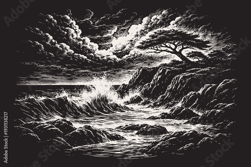 Ancient tree on a cliff overlooking crashing sea waves, a dramatic black and white vector illustration in a detailed vintage engraving style.