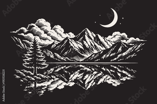 Majestic mountain range landscape reflected in calm lake water, a detailed black and white vector illustration in a classic engraved art style.