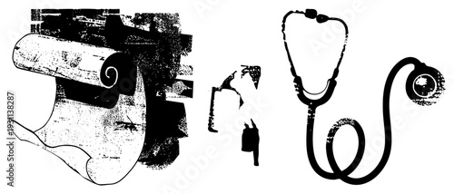 Doctor silhouette holding stethoscope, halftone medical print roll, vintage graphic style, black and white illustration, medical equipment.