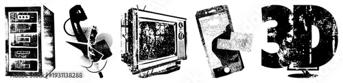 Vintage tech symbols rendered in halftone, including cassette, rotary phone, CRT TV, smartphone, and 3D text, classic tech nostalgia, vector flat design.