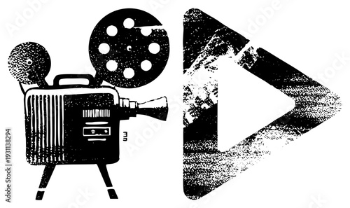 Classic movie projector with film reels and play symbol, retro cinema equipment, filmstrip device, analog playback, black and white halftone graphic.