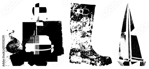 Graphic design featuring rain boot, sailboat, and coffee mug as bold silhouettes with halftone textures and glitch style fragmentation, ideal for urban or nautical themes.