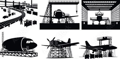 Aircraft assembly line and maintenance hangar silhouettes with airplane production, aviation industry vector illustration isolated on white background