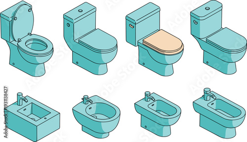 Bathroom sanitary fixtures collection including toilet bowl bidet sink and modern restroom plumbing equipment vector illustration set isolated