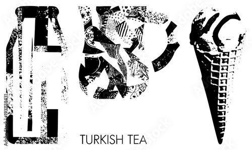 Graphic representation of Turkish tea culture, abstract tea pot and cup motifs, stylized beverage, halftone texture, cultural symbol, beverage art.